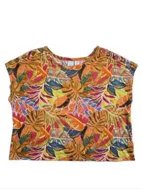 C&C California Womens Topical Print Boxy Top Size XL Linen Blend Button Detail